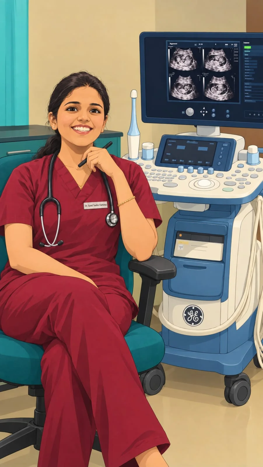 Illustrated portrait of Dr. Fathima beside an ultrasound system as a radiologist