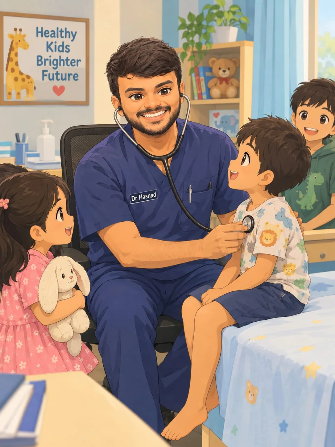 Illustrated portrait of Dr. Hasnad caring for children as a paediatrician